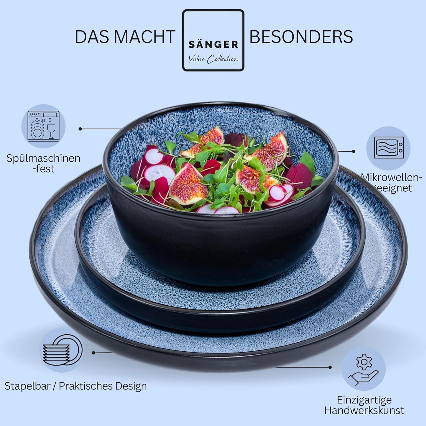 SÄNGER Aruba | Steinzeug-Geschirrset für 6 Personen, 6 Speiseteller, 6 Frühstücksteller, 6 Speiseteller, 6 Nudelschalen, Blau mit schwarzem Rand | DIE VALUE-KOLLEKTION