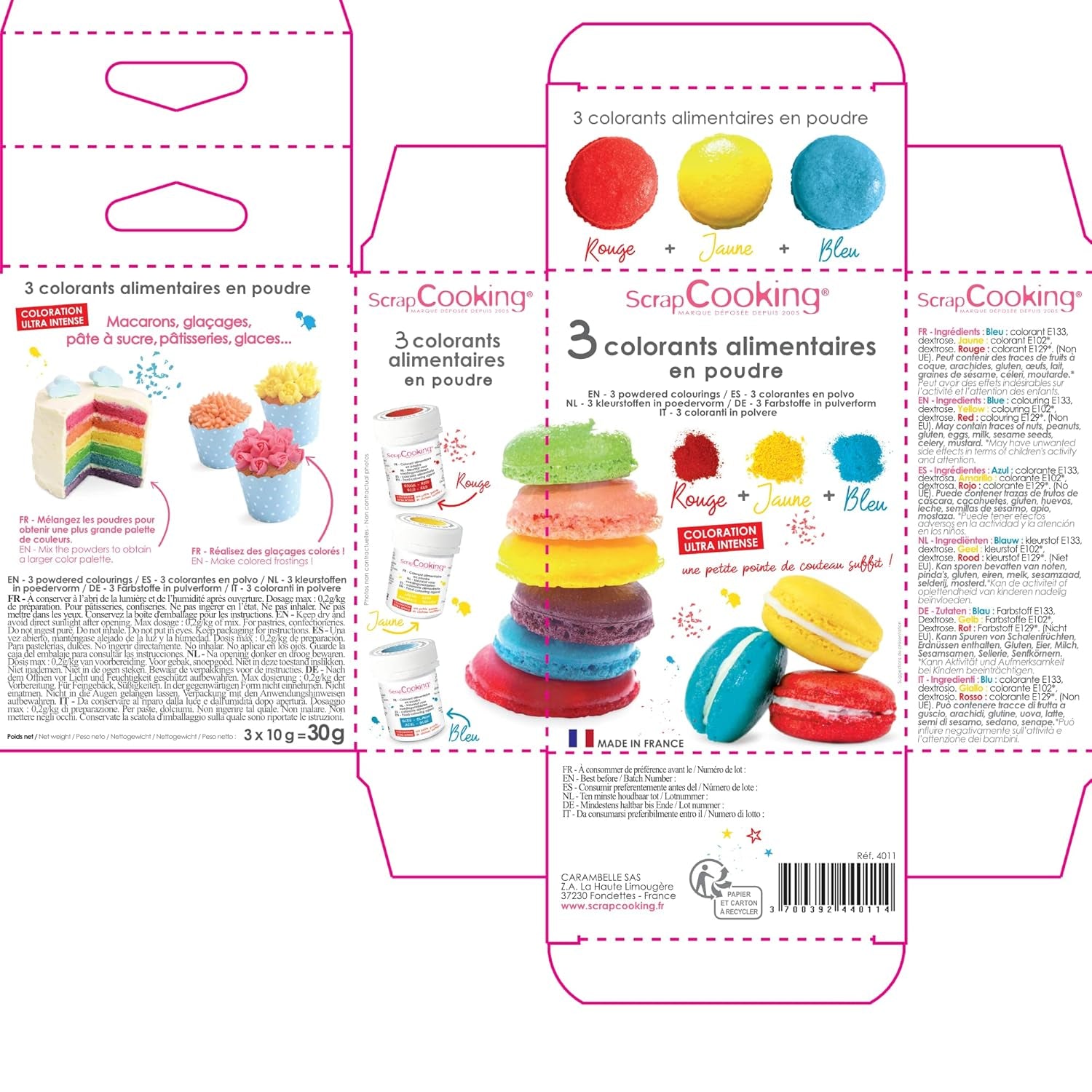 Scrapcooking – Set mit 3 Pulver-Lebensmittelfarben – Rot, Gelb, Blau – Lebensmittelfarbe zum Backen, Kuchen, Plätzchen, Plätzchen, Teig, Fondant, Regenbogenkuchen – 4011