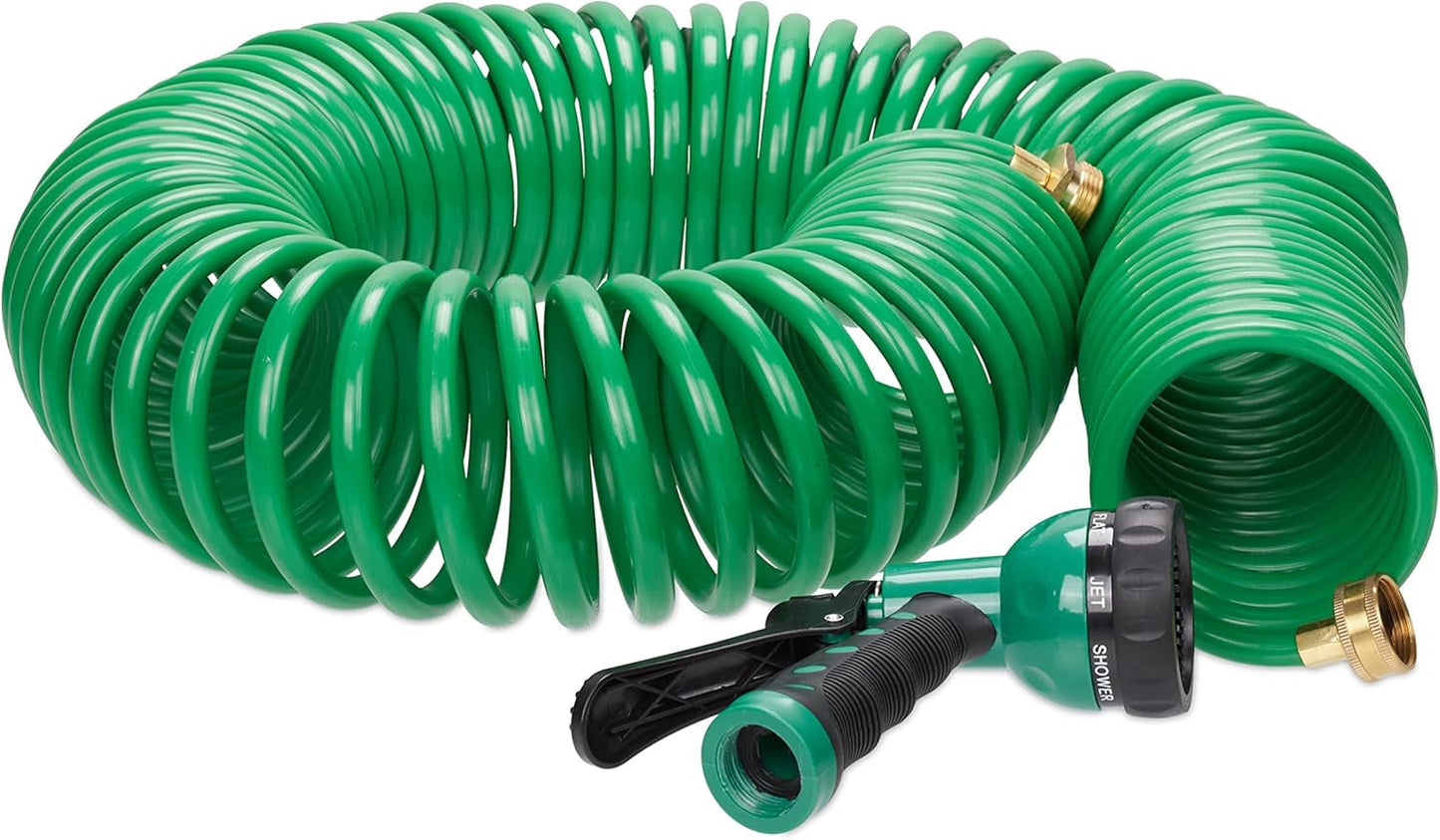 Relaxdays Spiralschlauch, ausziehbar bis 20 m, flexibler Gartenschlauch mit Wassersprüher, 7 Sprühmuster, grün