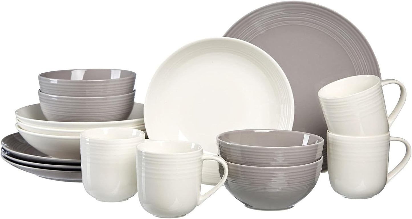 Ritzenhoff & Breker Levi 16-teiliges Geschirrset, Teller, Schüsseln und Tassen für 4 Personen, skandinavisches Design mit feinem geriffeltem Relief, Mix & Match-Geschirr, Porzellan, Weiß und Grau