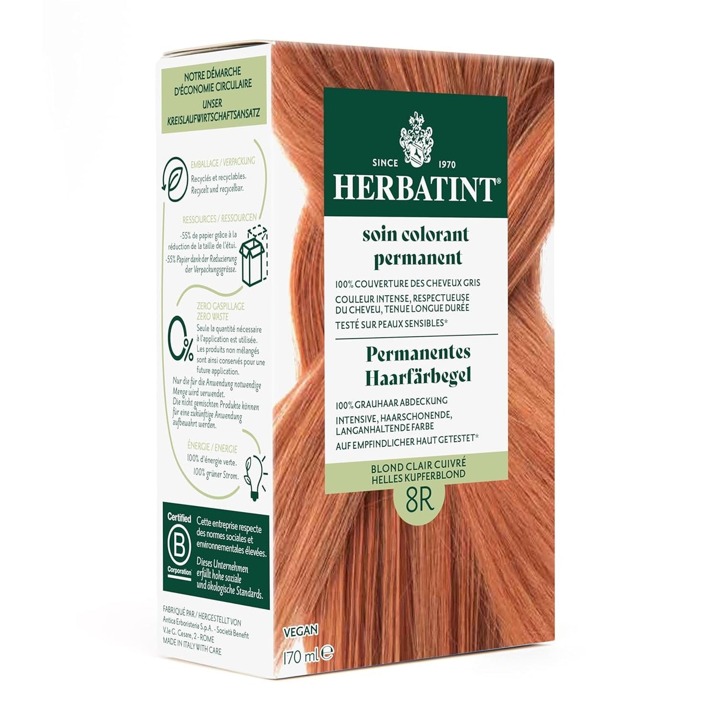 Permanentes Haarfärbegel 6N Dunkelblond – 170 ml I Ammoniakfrei, 100 % graue Haarabdeckung I Getestet auf empfindlicher Haut, mit 8 Pflanzenextrakten Naty Shop Haarfärbemittel 8R Helles Kupferblond