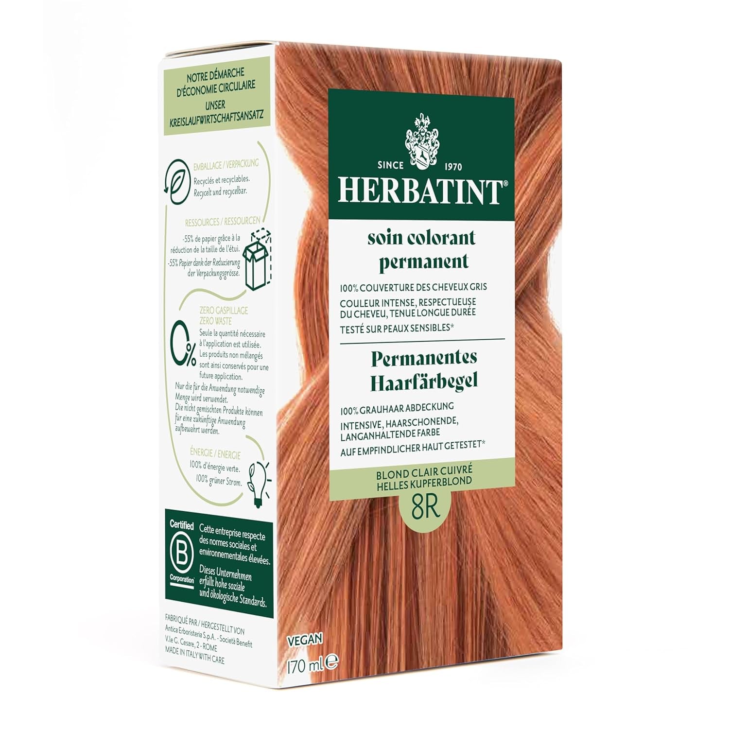 Permanentes Haarfärbegel 6N Dunkelblond – 170 ml I Ammoniakfrei, 100 % graue Haarabdeckung I Getestet auf empfindlicher Haut, mit 8 Pflanzenextrakten Naty Shop Haarfärbemittel 8R Helles Kupferblond