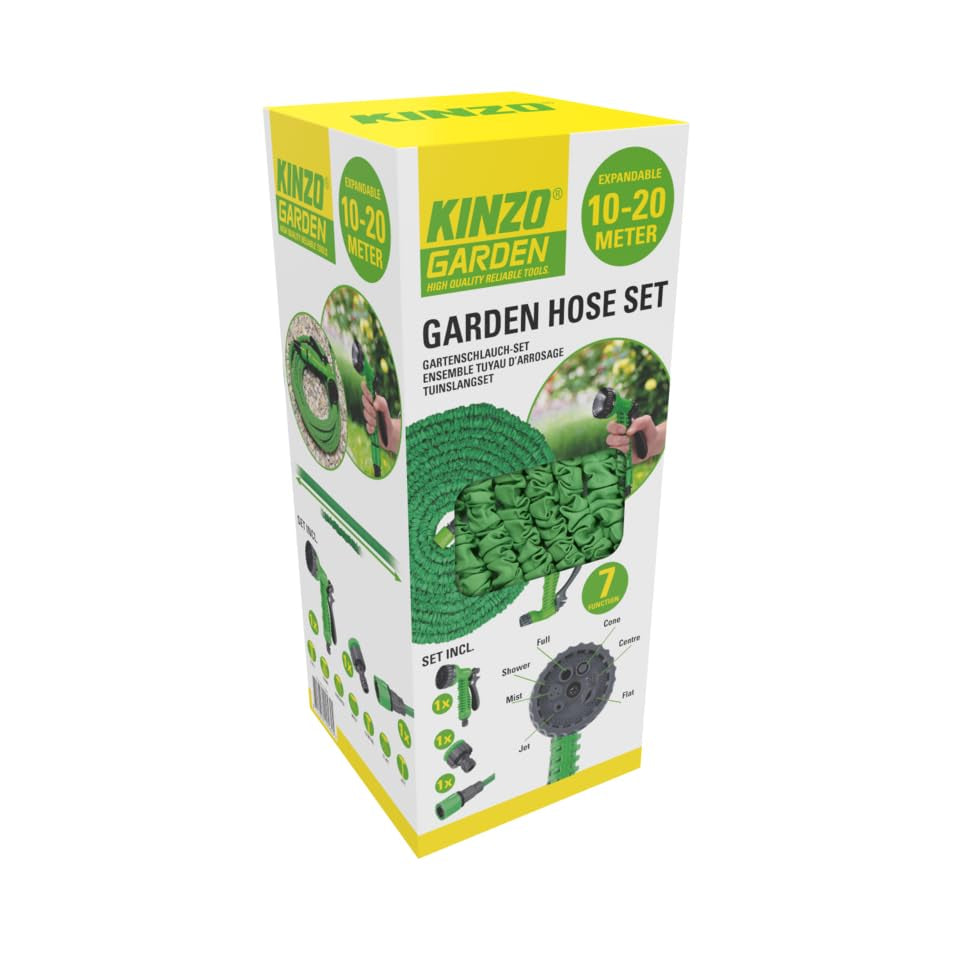 Kinzo Flexibler Gartenschlauch 20 m – inkl. Schlauch Schlauchzubehör – Flexibler Schlauch mit Sprühkopf mit 7 Sprühpositionen – Kunststoff – Grün/Grau