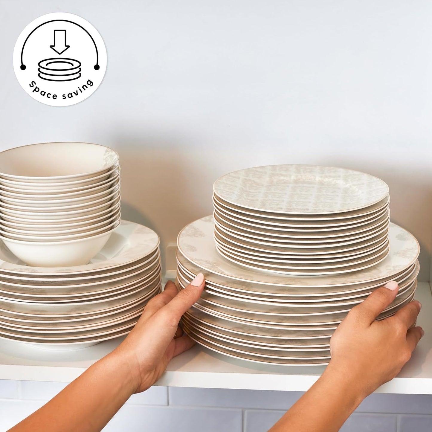 Karaca Elegance Bone Siena Geschirrset für 12 Personen, modernes Porzellangeschirrset, Geschirrset mit Suppenschüsseln, Servierplatte, tiefen Tellern, Desserttellern – Weiß und Gold