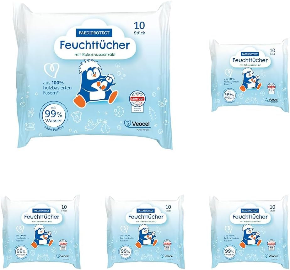PAEDIPROTECT Baby-Feuchttücher, 1 x 10 Stück, empfindliche Baby-Wasser-Feuchttücher, 99 % Wasser, frei von Duftstoffen, für Babys und Kinder, zarte Haut, ohne Kokosnussextrakt, ohne Mikroplastik, vegan (5er-Pack)