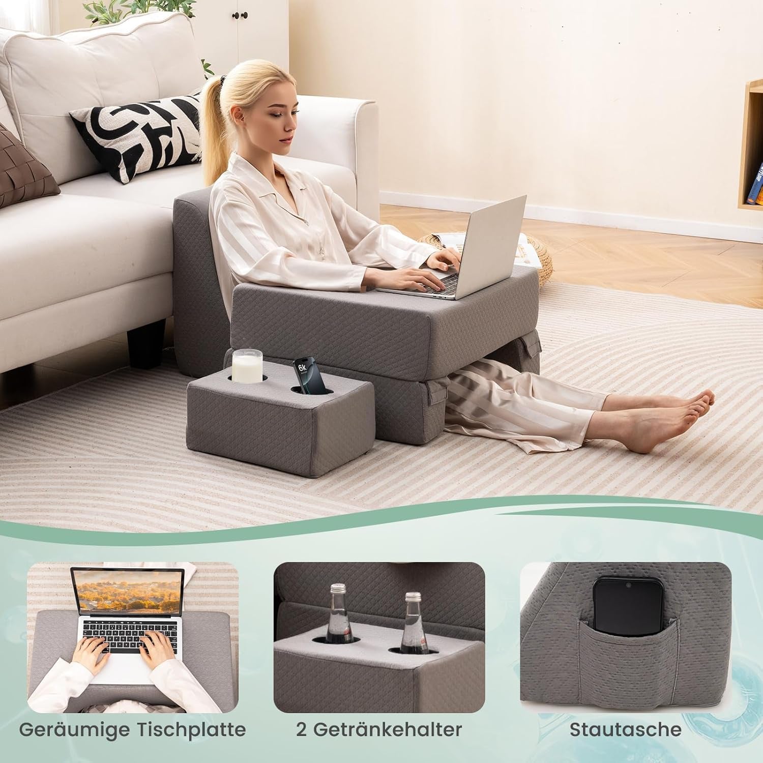 Lesekissen für Bett und Sofa, Bücherkissen, frei kombinierbar mit Getränkehalter und waschbarem Bezug, verstellbares Laptop-Schreibtischkissen zum Lesen, Spielen, Arbeiten, Schreiben (Grau)