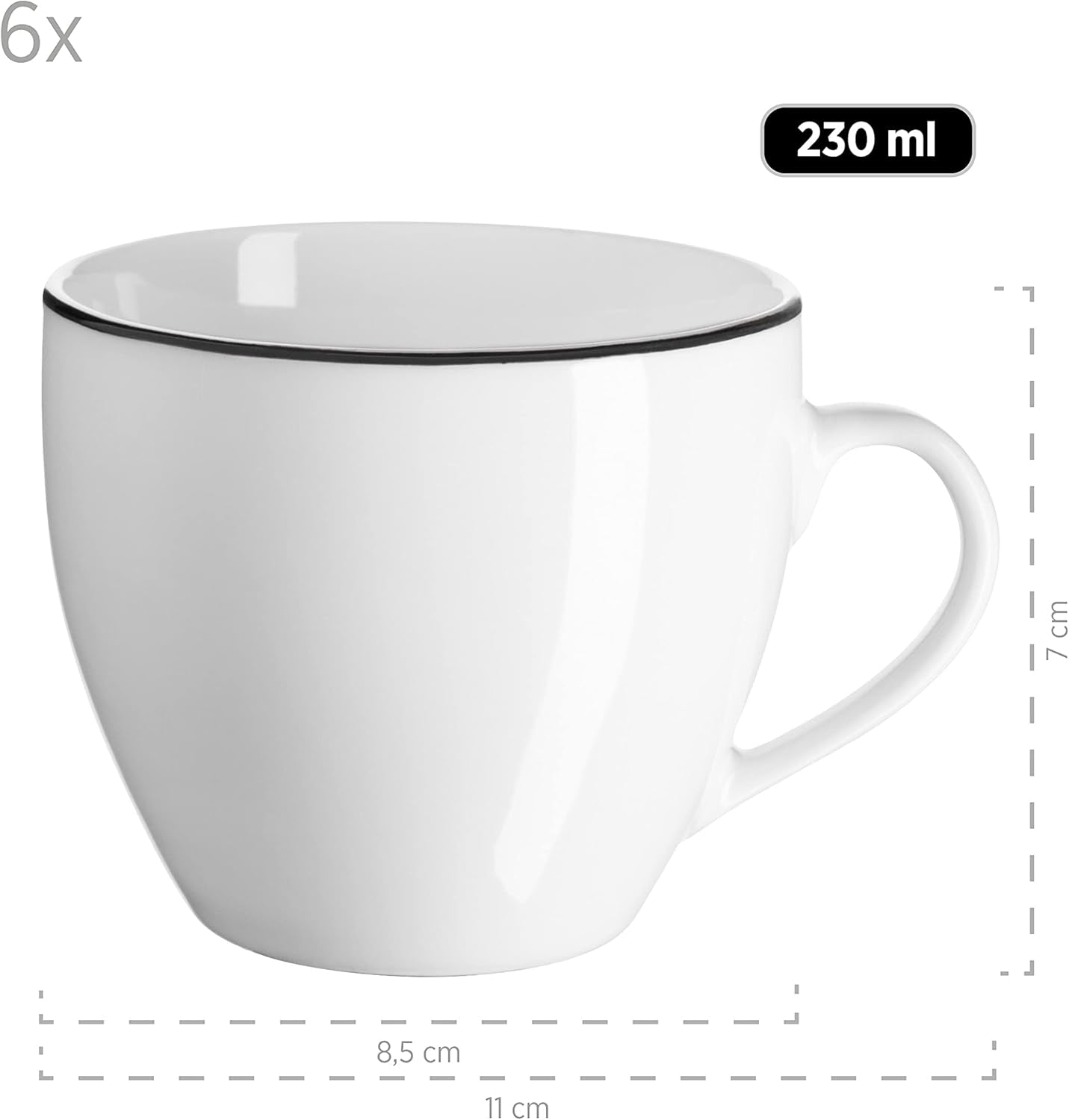 Mäser Nola-Serie, modernes Kaffeeservice für 6 Personen, weiß mit schwarzem Rand, 18-teiliges Tafelservice, Kaffeetassen, Untertassen und Dessertteller – rundes Kaffeeservice, Kaffeeset weiß