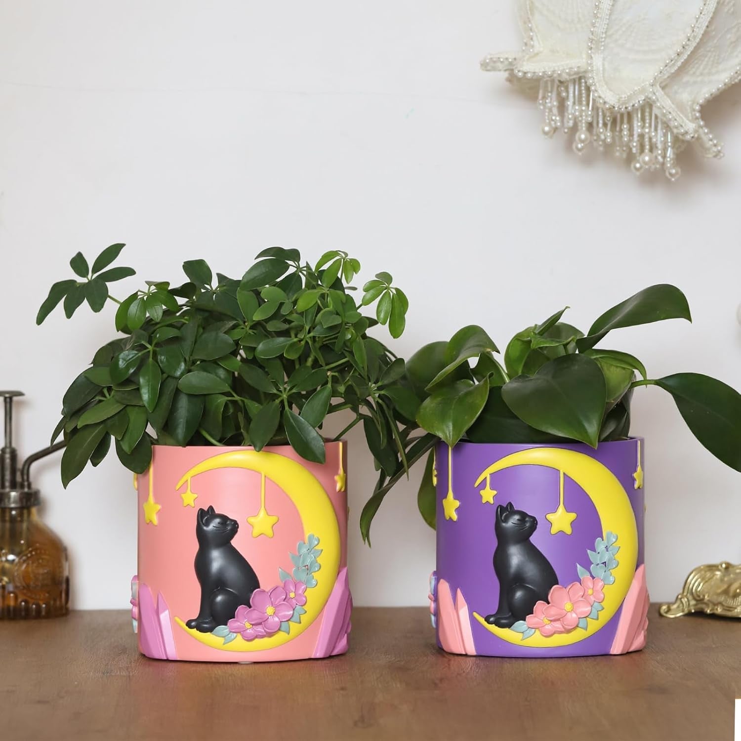 GUGUGO Niedliche Mondkatzen-Blumentöpfe, einzigartiger Blumentopf mit Drainage, Regenbogenfarben, kleine Zimmerpflanzentöpfe, lustige Sukkulenten-Gartentöpfe, Geschenk, Heimdekoration (C)