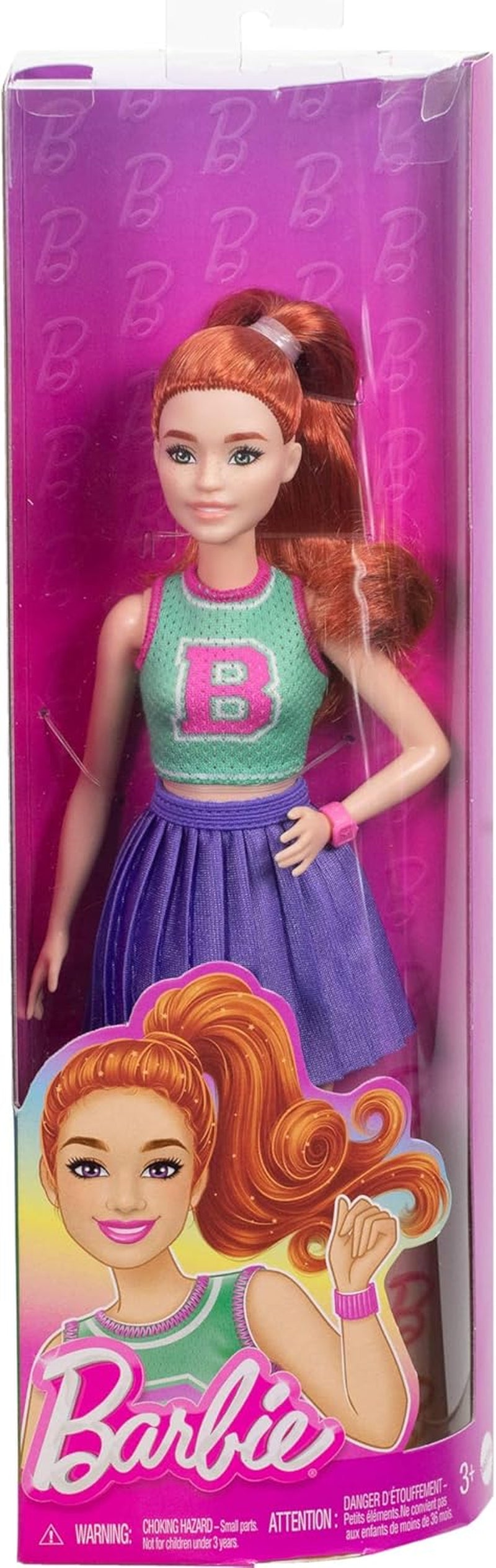 Barbie Fashionistas Puppe Nr. 232 mit roten Haaren, Jersey-Sportoberteil mit B-Aufdruck, lila Faltenrock, Armbanduhr und Turnschuhen, HYT90 Naty Shop Dolls