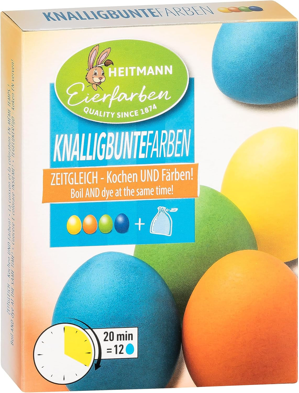 Heitmann Eierfarben, leuchtende Farben – 4 Eierfarbenflaschen (Gelb, Orange, Grün, Blau), 2 Farbverstärker, 4 Farbbeutel, 4 Clips