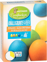 Heitmann Eierfarben, leuchtende Farben – 4 Eierfarbenflaschen (Gelb, Orange, Grün, Blau), 2 Farbverstärker, 4 Farbbeutel, 4 Clips
