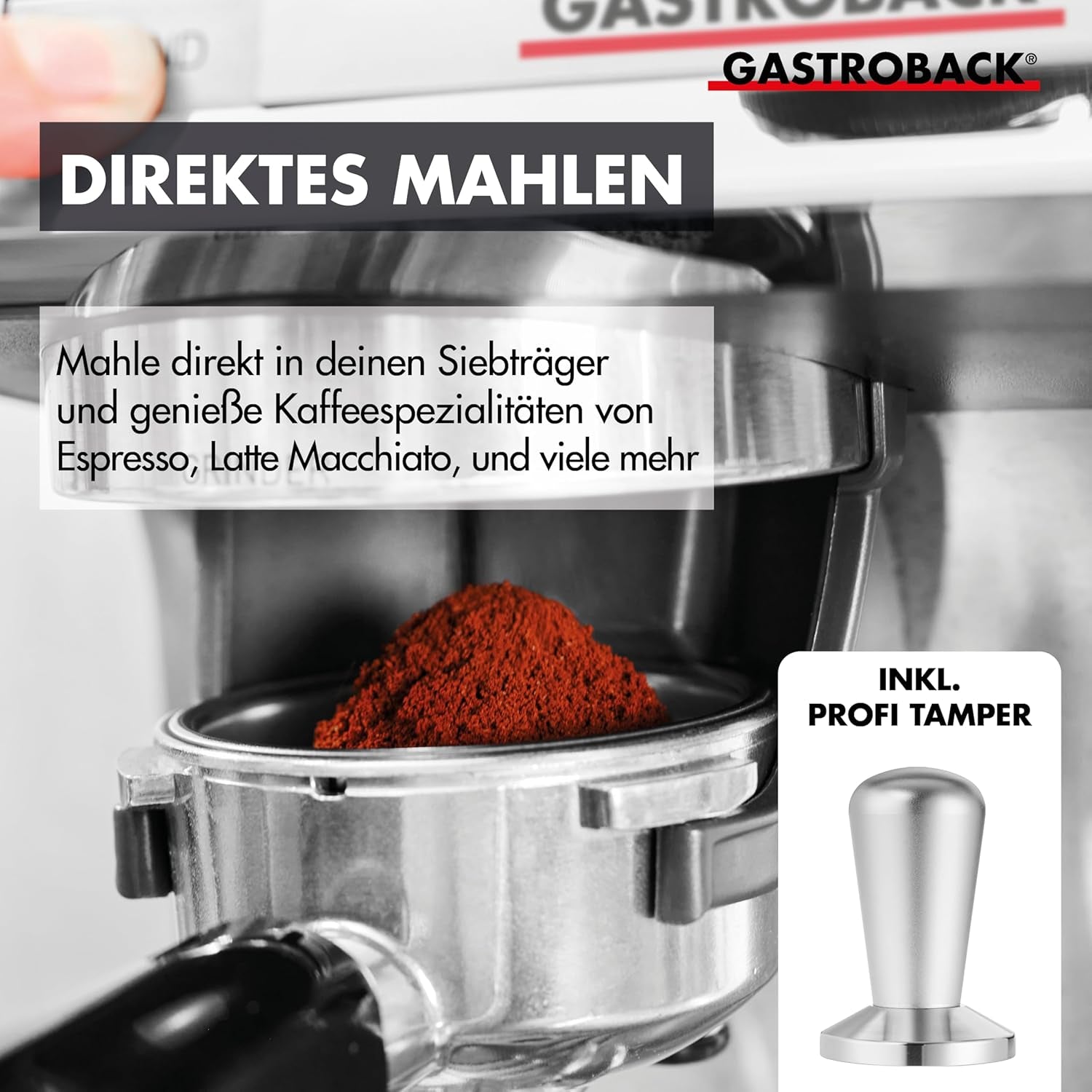 GASTROBACK Espressomaschine mit Mahlwerk inklusive Milchkännchen, Presser und Edelstahl-Siebträger – Barista-Espressomaschine mit Milchaufschäumer – Espressomaschine mit 30 Mahlgradeinstellungen