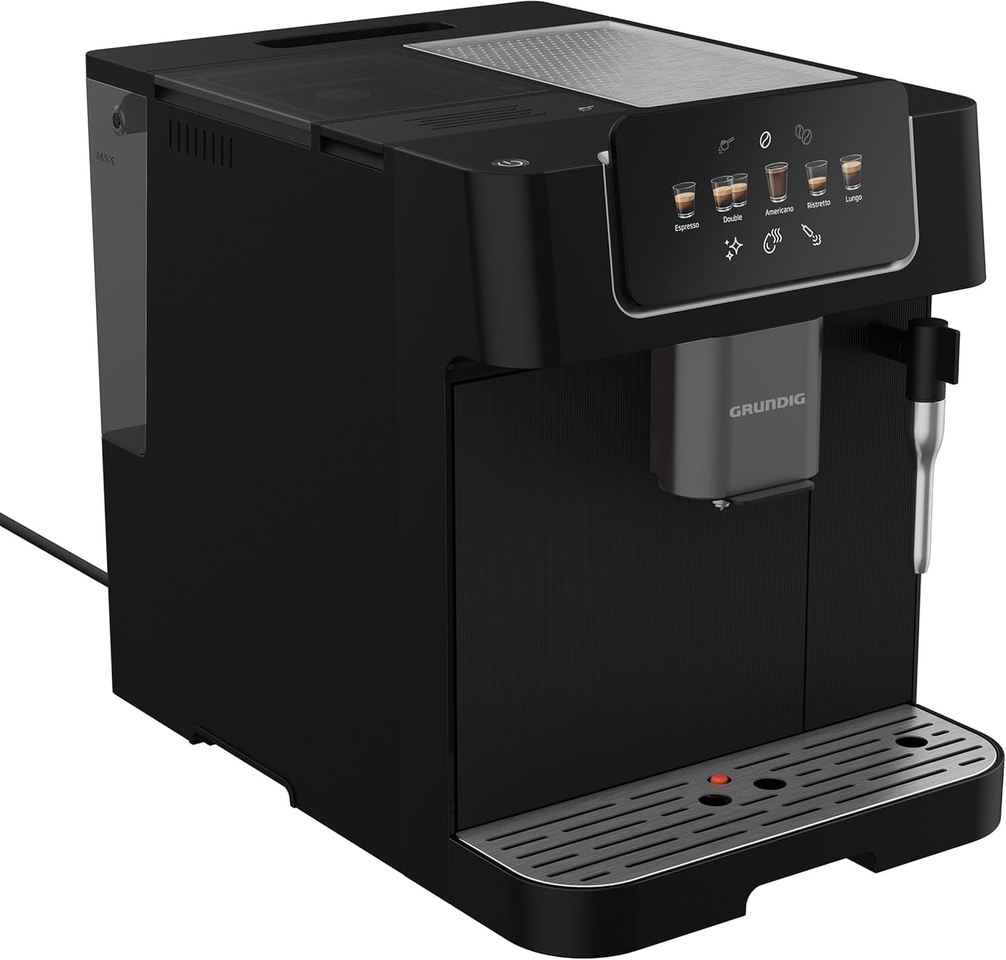 GRUNDIG KVA 6230 Espressovollautomat mit Milchaufschäumer, Edelstahlmahlwerk mit 13 Mahlstufen, Bohnenbehälter 250 g, abnehmbarer Wassertank 2 Liter, Pumpendruck 19 bar, Touch-Display, schwarz
