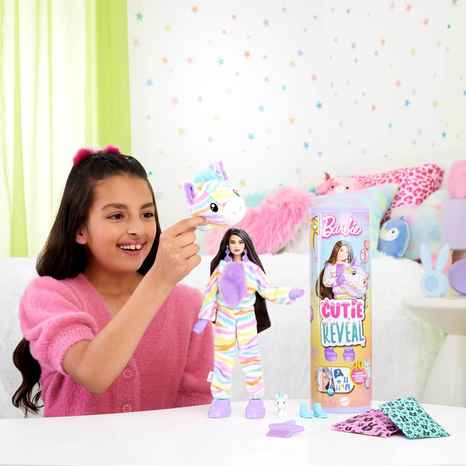 Barbie Cutie Reveal-Puppe und Zubehör, Regenbogen-Zebra-Plüsch-Outfit und 10 farbwechselnde Überraschungen, Color Dream-Reihe, HRK39