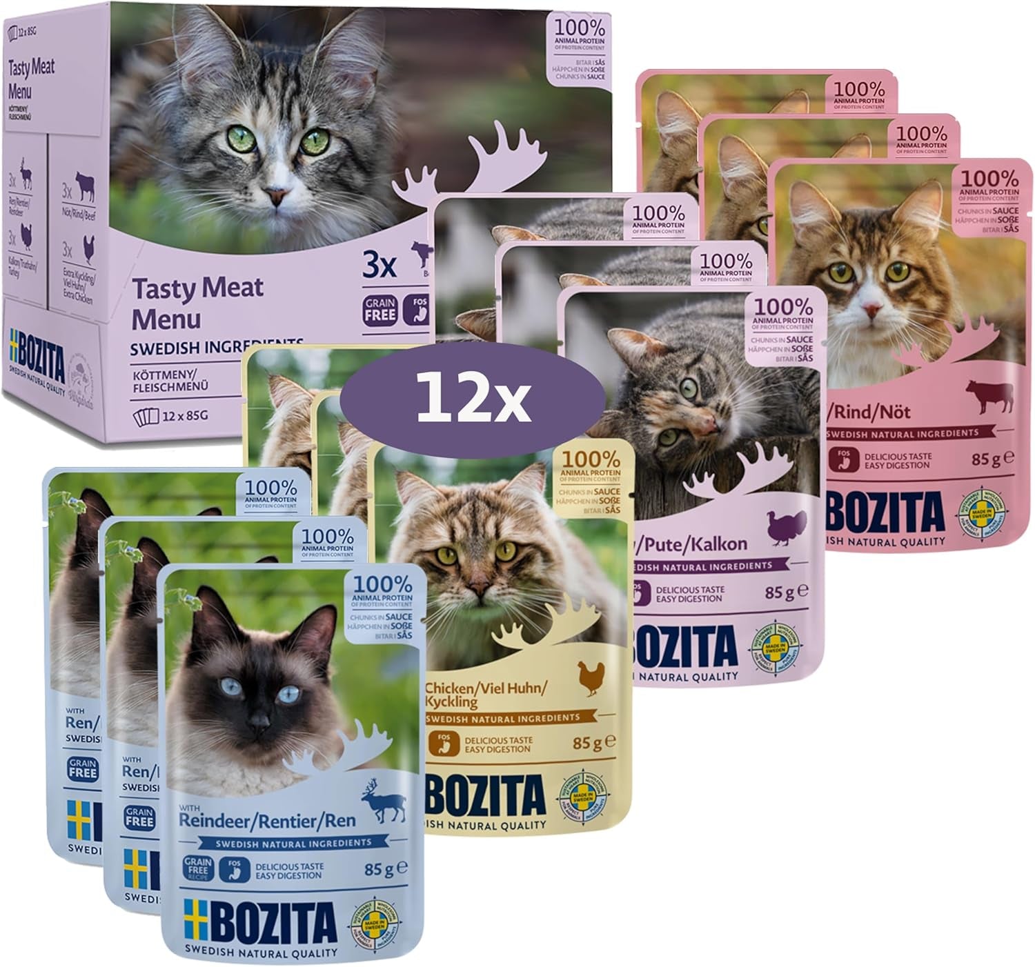 Bozita Nassfutterstücke für Katzen in Fleischsoße – 12 Beutel x 85g Nassfutter für Katzen ohne Getreide und Weizen – Nassfutter für ausgewachsene Katzen mit 8,5 % Protein und 4,5 % Fett