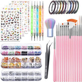 Set mit Nagelaufklebern und Zubehör – 5 Nagelaufkleber, Pinsel, Steine, Zierband, Goldfolie – perfekt für Maniküre und Gelnägel – 50-teiliges Set