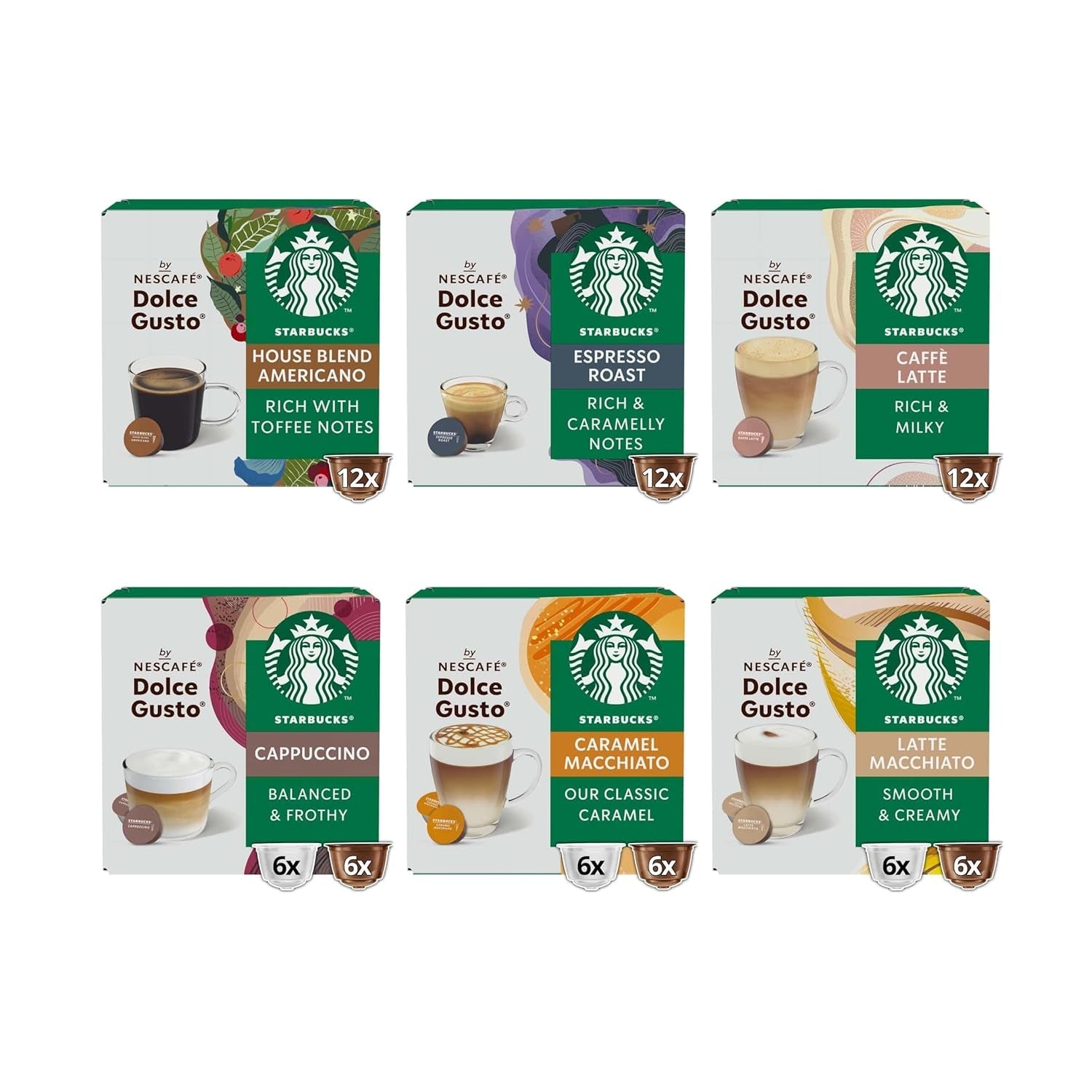 STARBUCKS Probierset, Mixed Cup Variety Pack von Nescafé Dolce Gusto Kaffeekapseln 6 x 12 (72 Kapseln) – Exklusiv bei Amazon