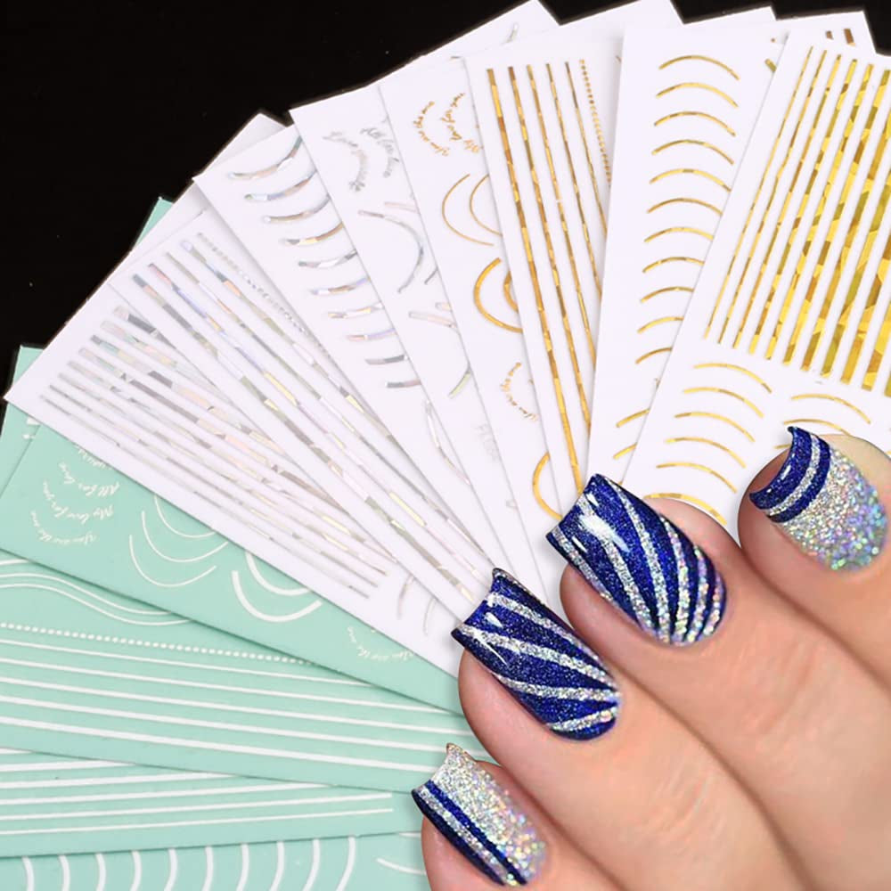 12 Blatt Laser-Glitzerlinien, selbstklebende Nagelaufkleber, holografische Aufkleber, bronzefarbene Streifen, Nagelaufkleber, französische Linie, gebogene Bögen, Wellenlinien, Nagelaufkleber, Nagelkunst-Zubehör