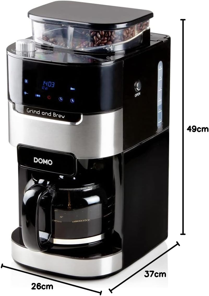 DOMO DO721K Espressomaschine „Grind and Brew“ – Bean-to-Cup-Funktion – LCD-Display – Für gemahlenen Kaffee oder ganze Bohnen – 1,5 l