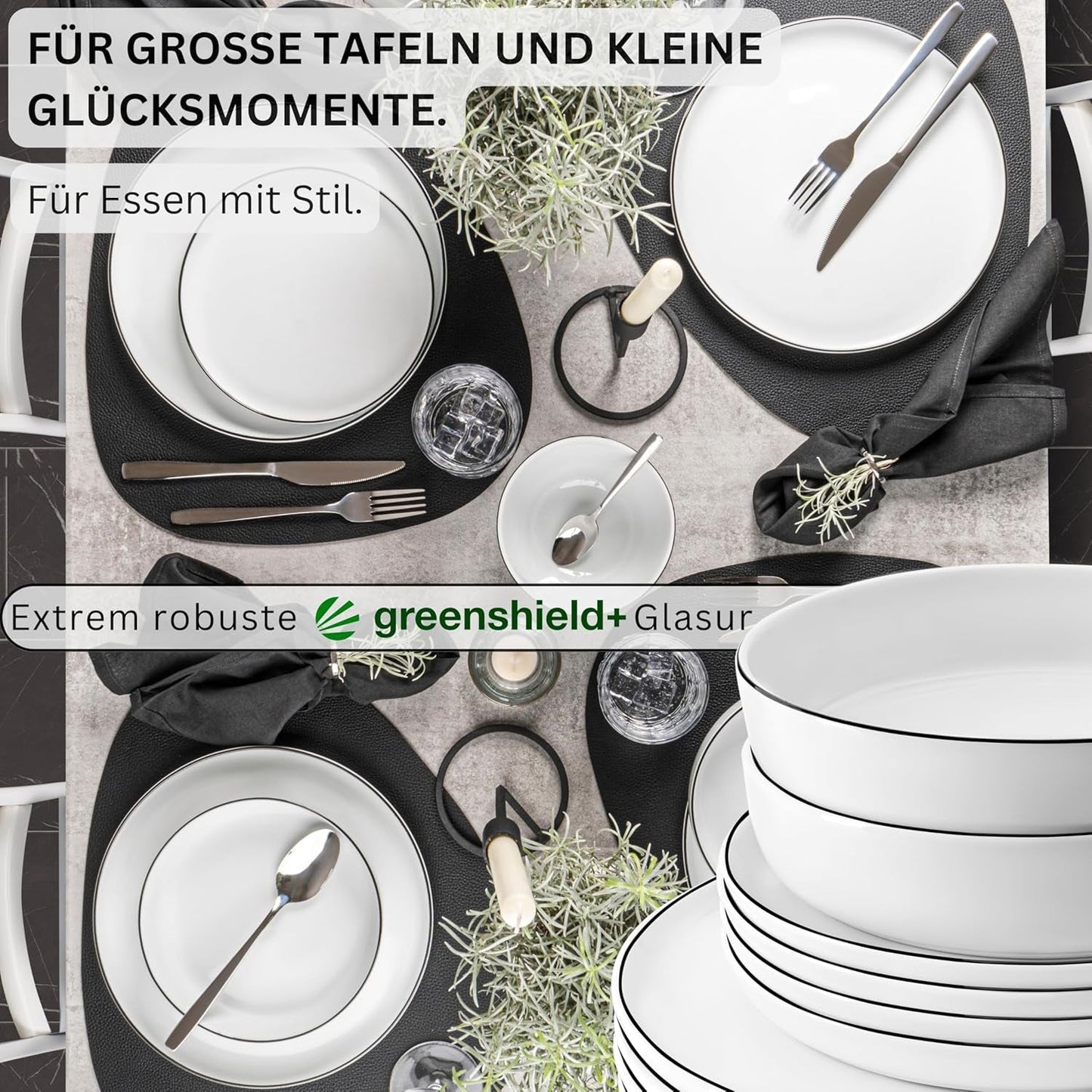 SANGER | Marlo Geschirrset mit schwarzem und weißem Rand, 18-teiliges Porzellangeschirrset für 6 Personen, Weiß mit schwarzen Akzenten, Speiseteller, Dessertteller und Schüsseln, modernes Design | DIE PREMIUM-KOLLEKTION