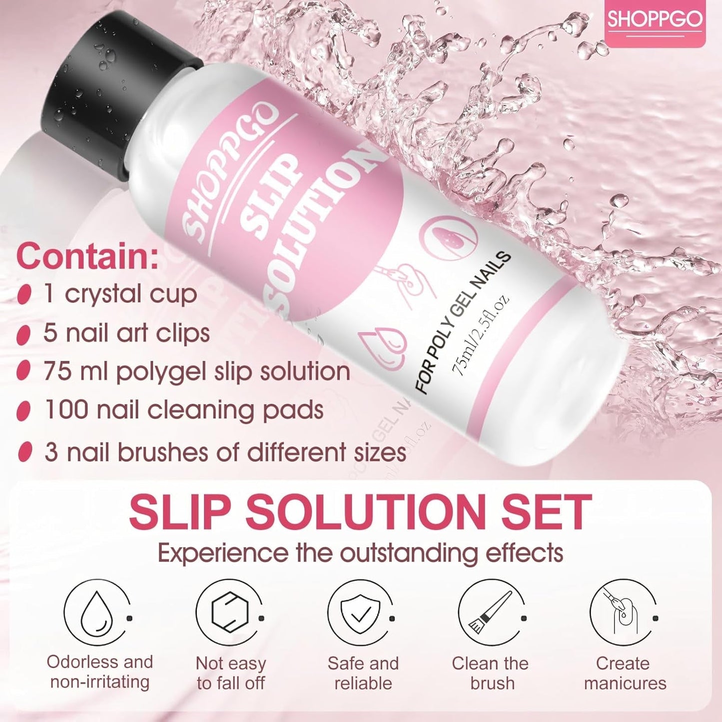 Polygel Glättungslösung, Polygel Slip Solution Nagelset, Glättungslösung 75 ml, inklusive 5 Nagelspitzenclips, 3 Nagelbürsten, 1 Kristallbecher, 100 Reinigungsblätter