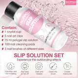 Polygel Glättungslösung, Polygel Slip Solution Nagelset, Glättungslösung 75 ml, inklusive 5 Nagelspitzenclips, 3 Nagelbürsten, 1 Kristallbecher, 100 Reinigungsblätter