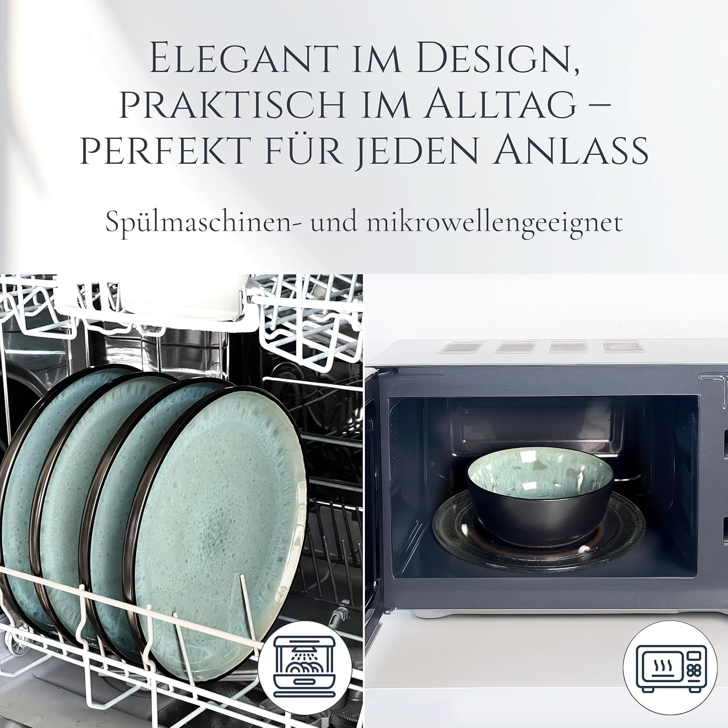 24-teiliges Keramik-Steinzeug-Geschirrset für 6 Personen, Ibiza-Design, TESTSIEGER. Ein wunderschönes mediterranes Geschirrset mit Schüsseln und Tellern. Pure Living Geschirrset, Salbeigrün.