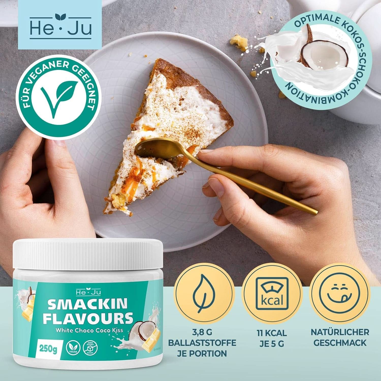 He-Ju, Pulver mit weißem Schokoladen- und Kokosgeschmack, 250 Gramm Aromen Naty Shop