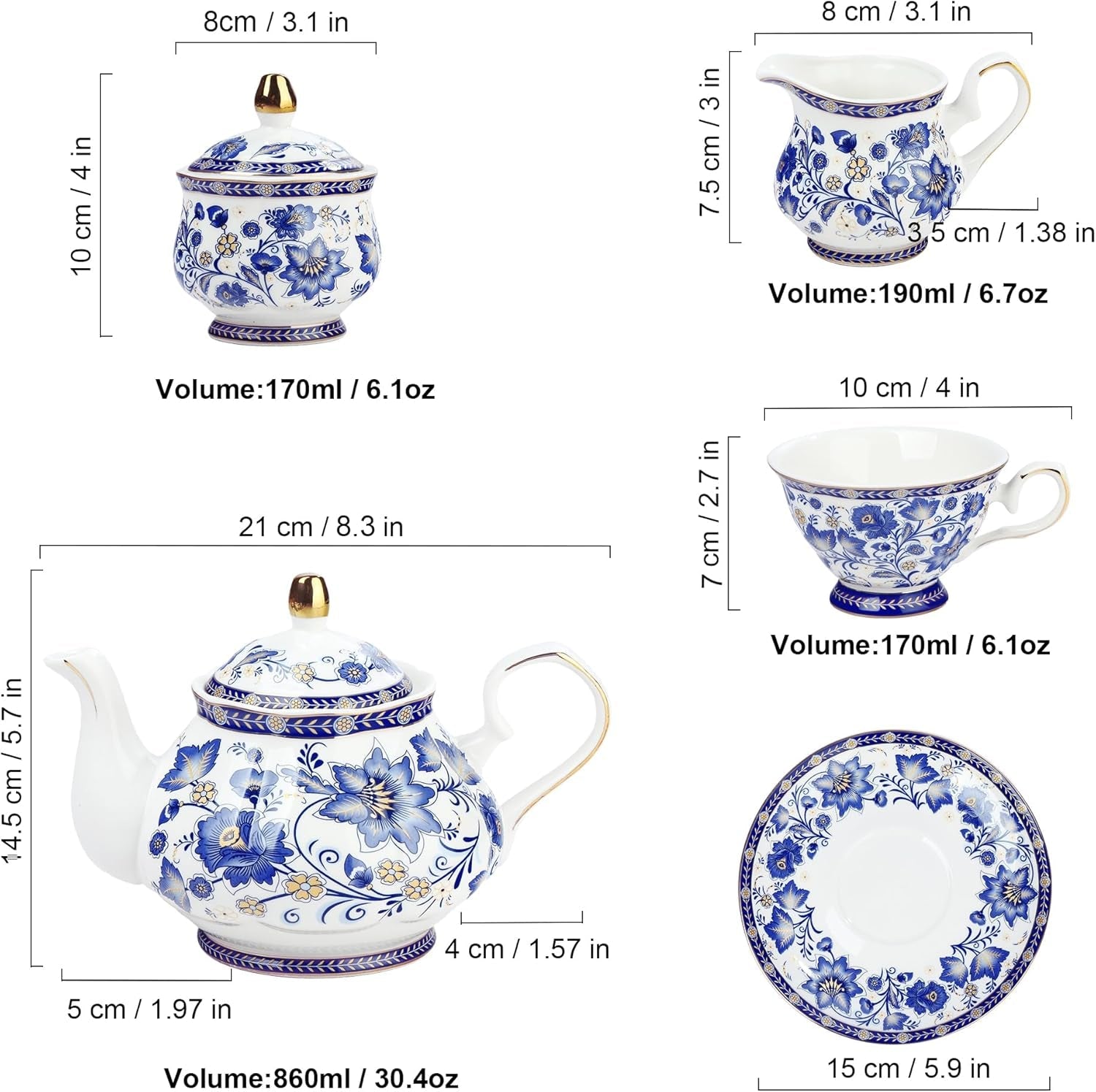 Fanquare Blue Flower Porzellan-Teeservice mit Metallständer, Vintage-Porzellan-Kaffeetasse und Untertasse, englisches Kaffeeset für Erwachsene