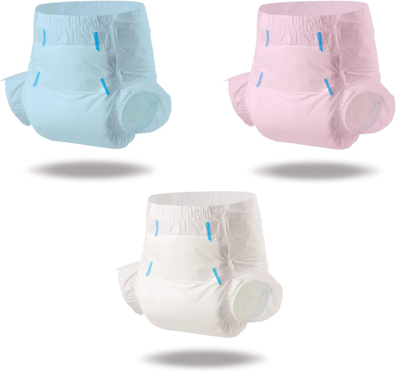 CutiePlusU Windeln für Erwachsene, trockene Oberfläche, maximale Saugfähigkeit über Nacht, Einweg-Inkontinenzwindel – Blau, Rosa, Weiß, 3er-Pack (Mittel 71–96 cm)