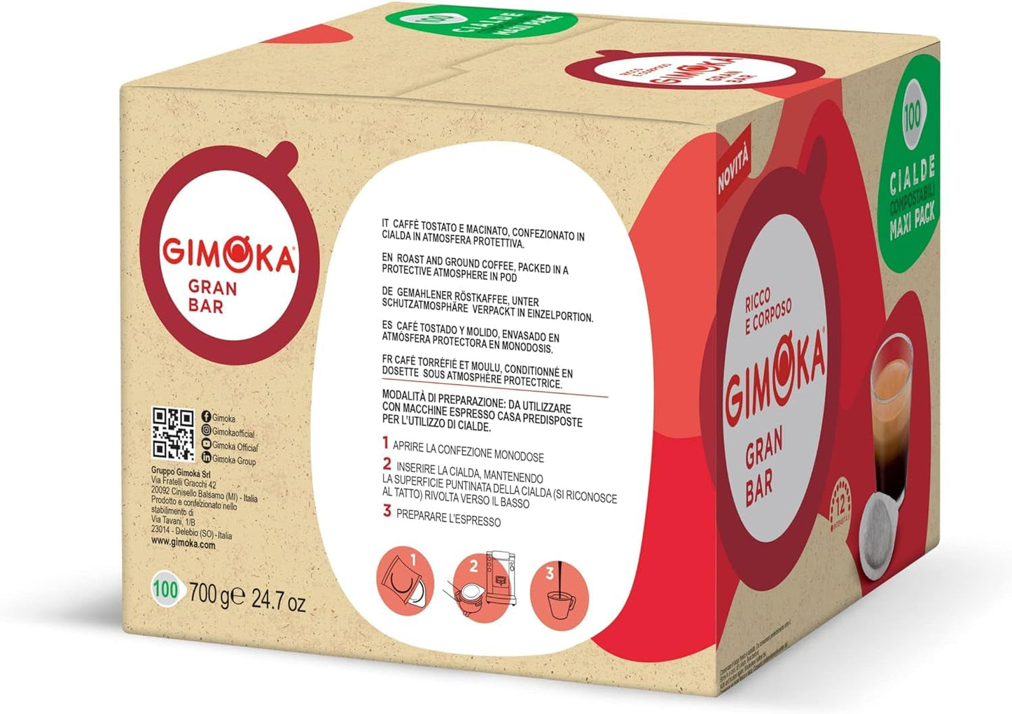 Gimoka Kompostierbare Kaffeepads, Gran Bar Intenso Kaffeemischung, Intensität 12-100 Pads – Kompatibel mit ESE System Papier Pads 44 mm