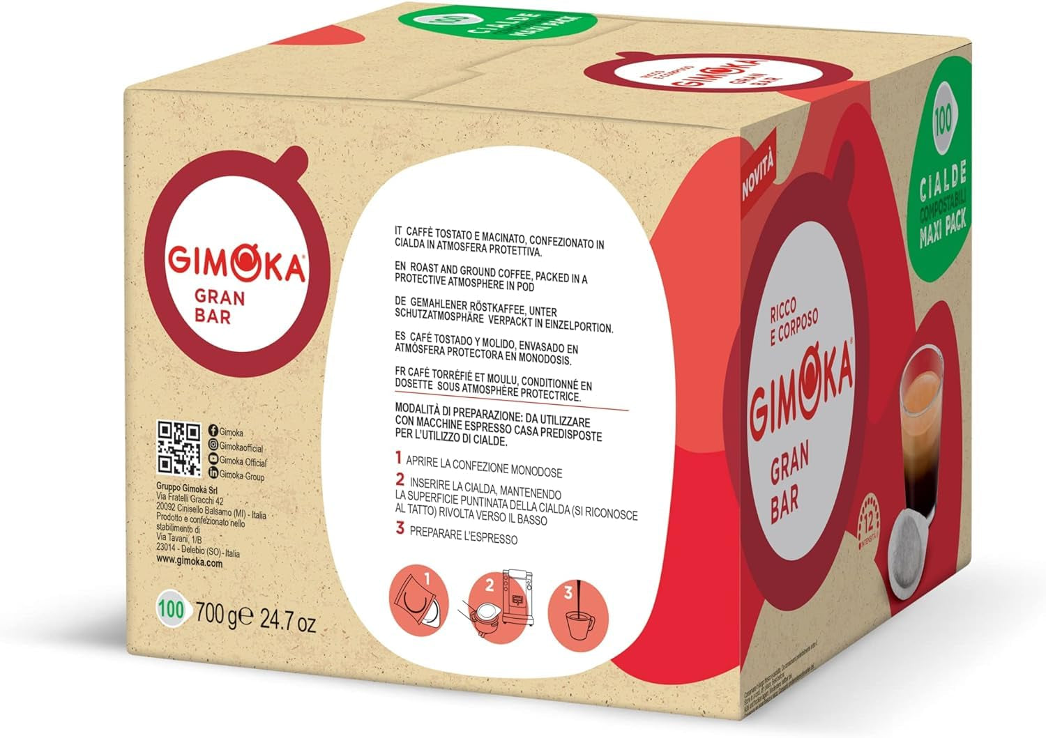 Gimoka Kompostierbare Kaffeepads, Gran Bar Intenso Kaffeemischung, Intensität 12-100 Pads – Kompatibel mit ESE System Papier Pads 44 mm