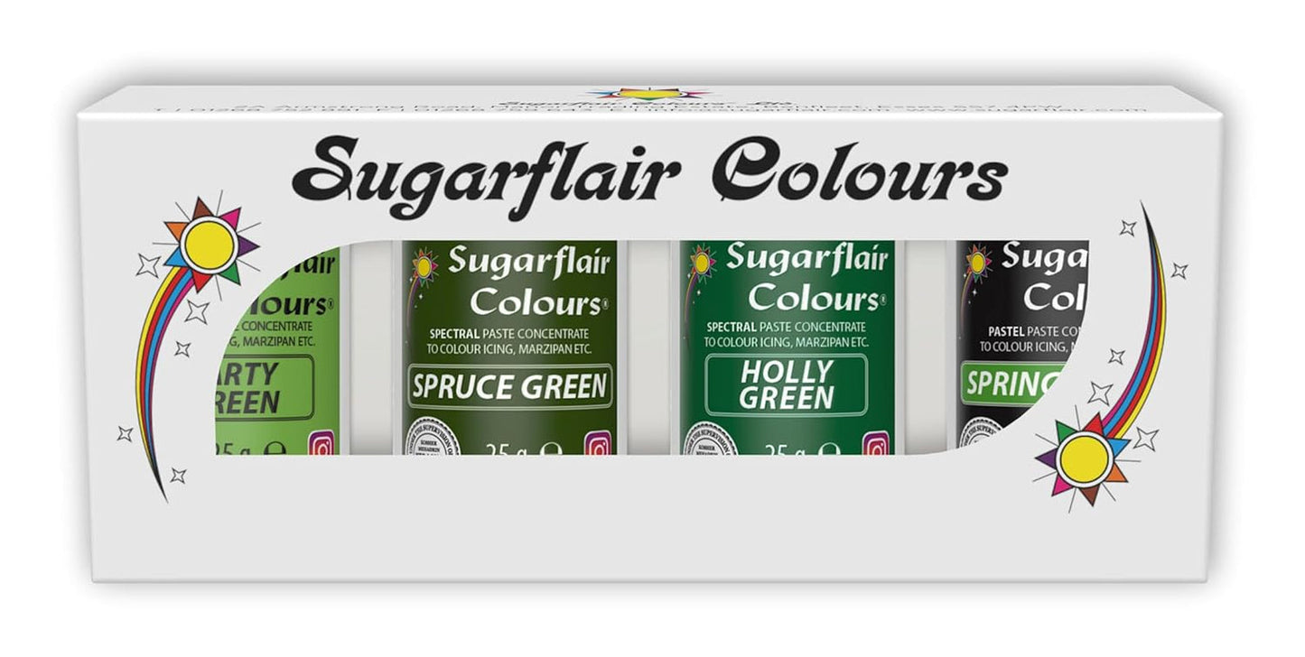 Sugarflair Pasta-Lebensmittelfarbe, Grün, 4er-Set, Lebensmittelfarbe für Pasta, Fondant, Marzipan, Zuckerpaste, Buttercreme und mehr: Ilexgrün, Frühlingsgrün, Fichtengrün, Partygrün – 4er-Set