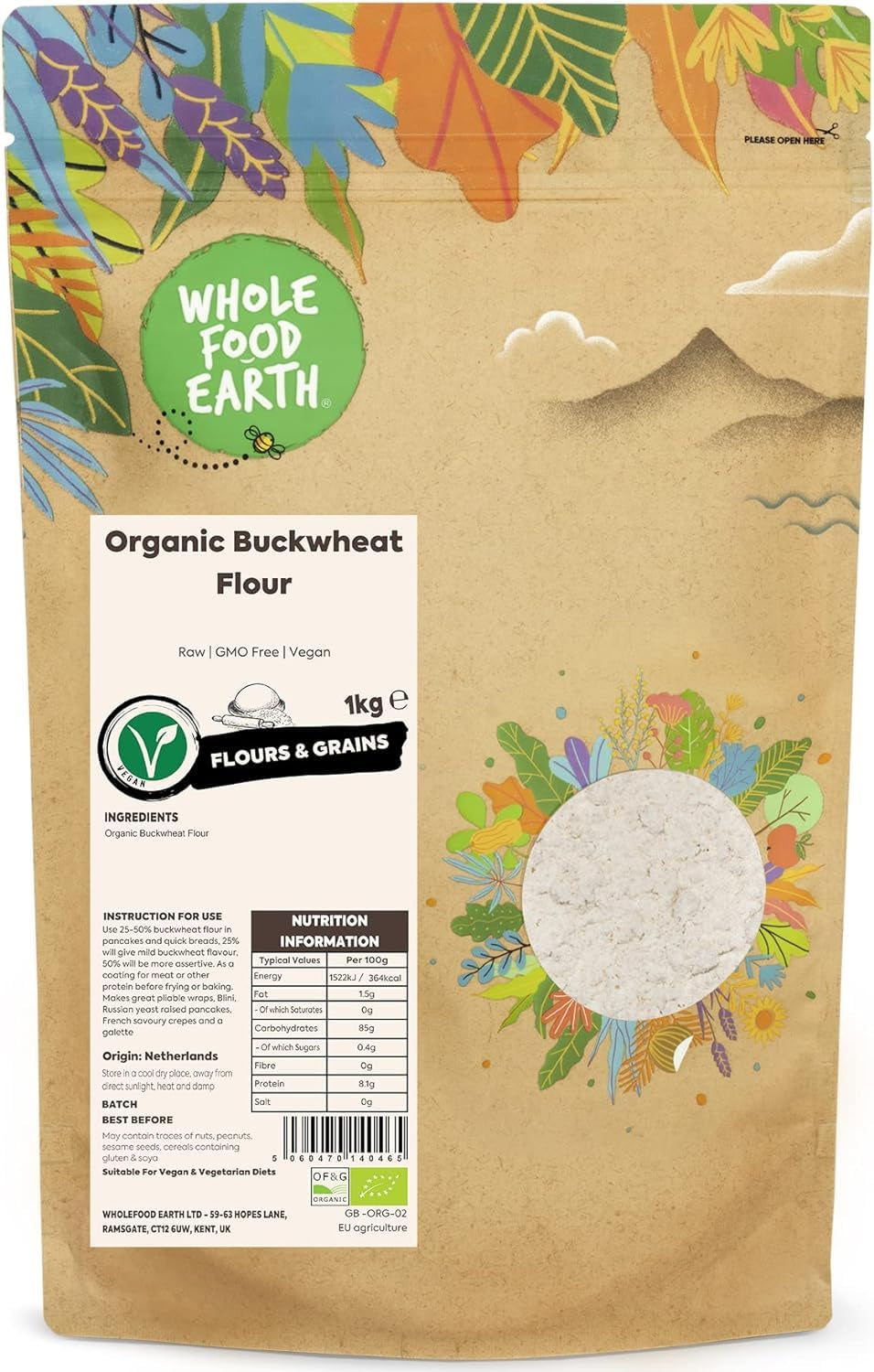 Wholefood Earth Bio-Buchweizenmehl 1 kg | Grausam | GVO-frei | Vegan | Bio-zertifiziert