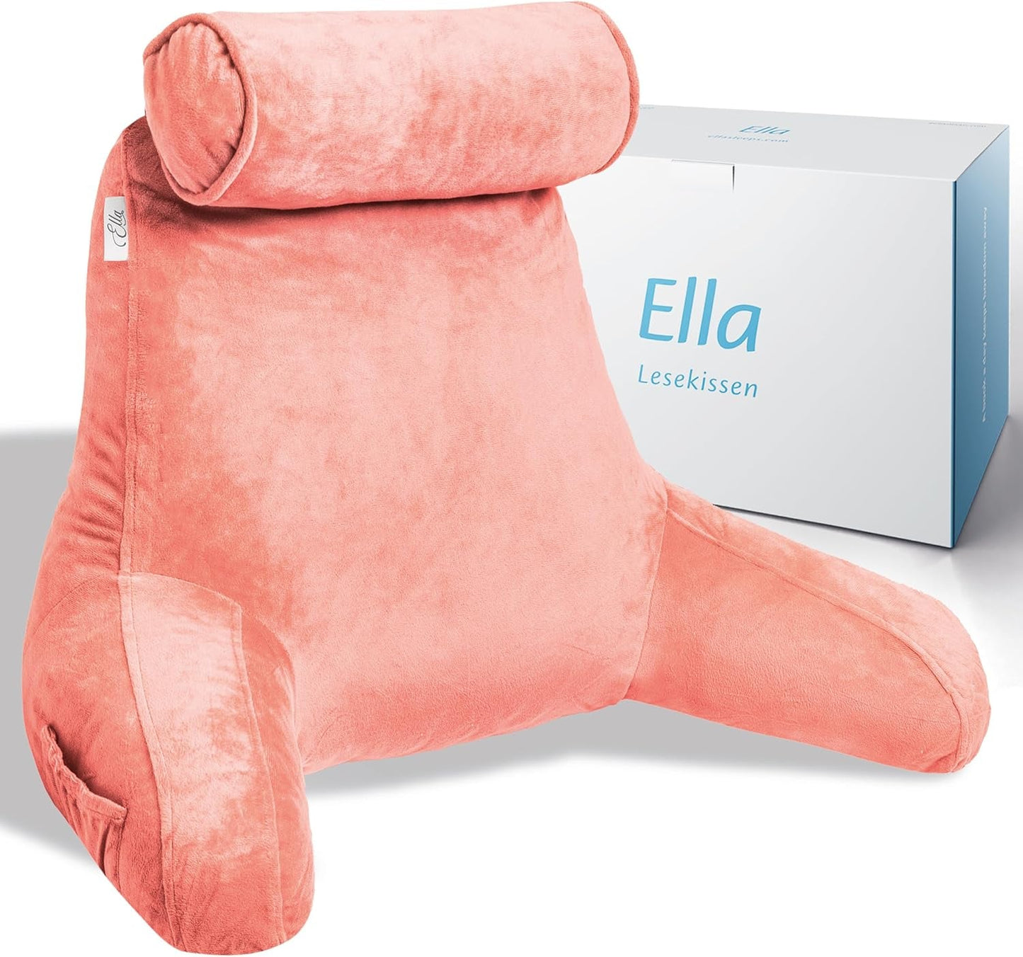 Ella Lesekissen für Bett und Sofa mit abnehmbarer Nackenrolle – Rückenkissen fürs Bett – Lesekissen aus Memory-Schaum mit Armlehnen, ideal zum Lesen, Fernsehen, Entspannen oder als Rückenstütze – Grau