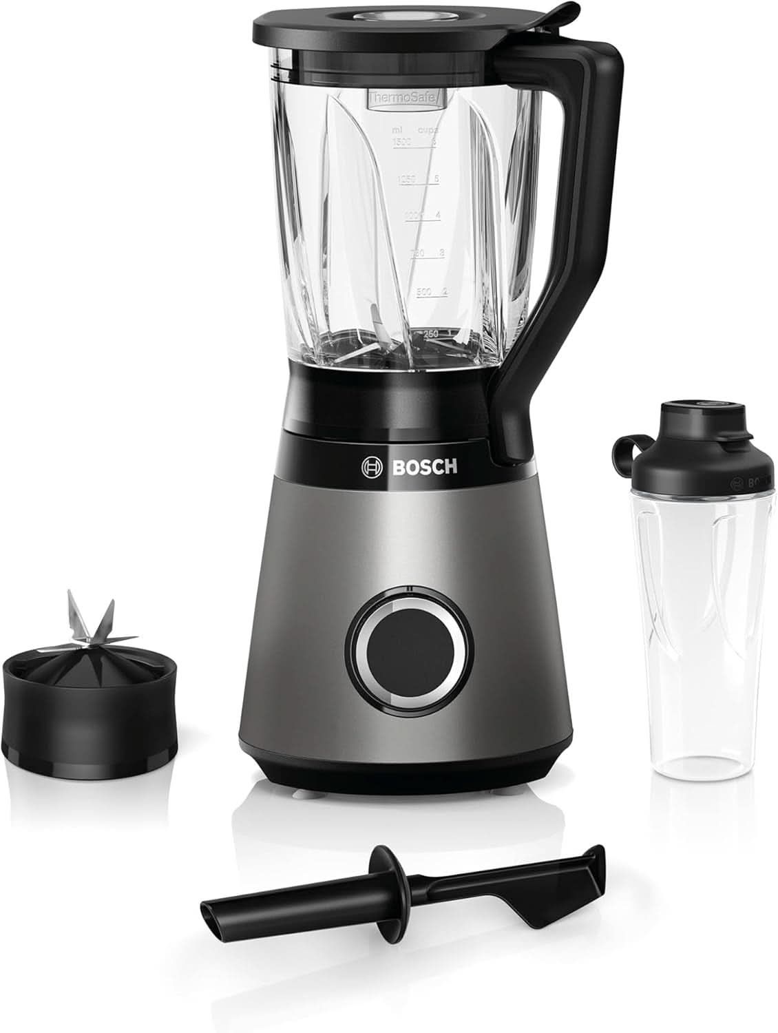 Bosch Standmixer Vitapower Serie 4 MMB6174SN, Verbesserte Version, Hochwertige Edelstahl-Klingen, 1.5L Glasbehälter, 0.6L To-Go-Flasche, Spülmaschinenfeste Teile, 30.000 U/Min, 1200 W, Silver Kitchen Naty Shop Single 2-In-1 Standmixer