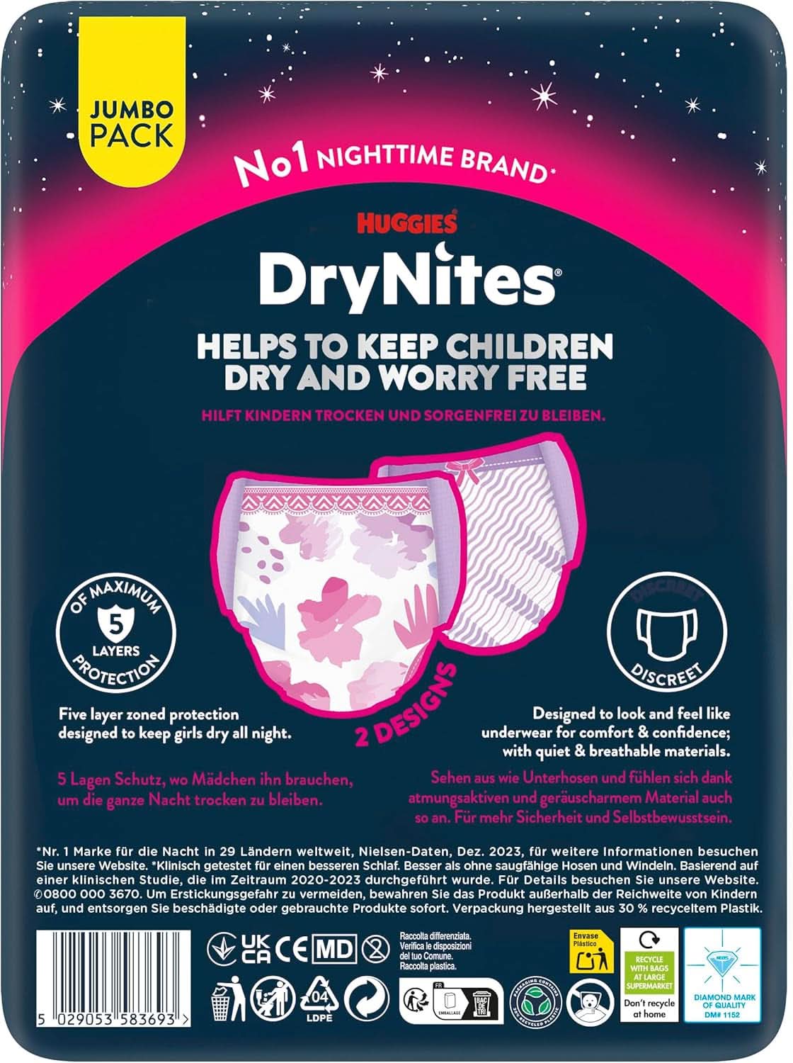 Huggies Drynites Nachtwindeln Bei Bettnässen, Für Mädchen Ab 13 Bis Ca. 17 Jahre (48-60 KG), 33 Stück (3X11), Jumbo-Monatspack, Windelhosen XL Zubehör Essen und Stillen Baby Naty Shop