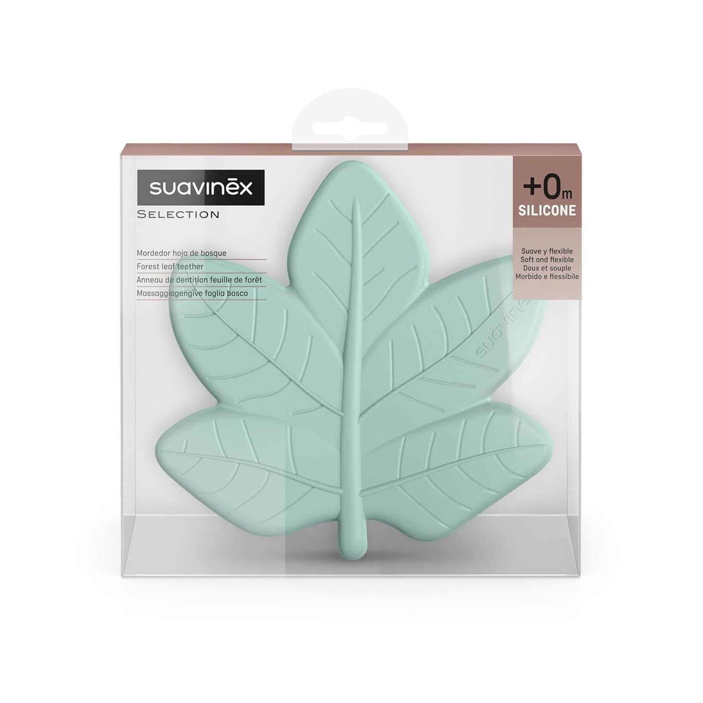 Suavinex, einteiliger Beißring aus Silikon. Weich, flexibel, sicher. Beruhigt und beruhigt das Zahnfleisch des Babys. Ergonomisch, griffig, strukturiert/reliefiert. Design mit Wald, Poesie, Grün