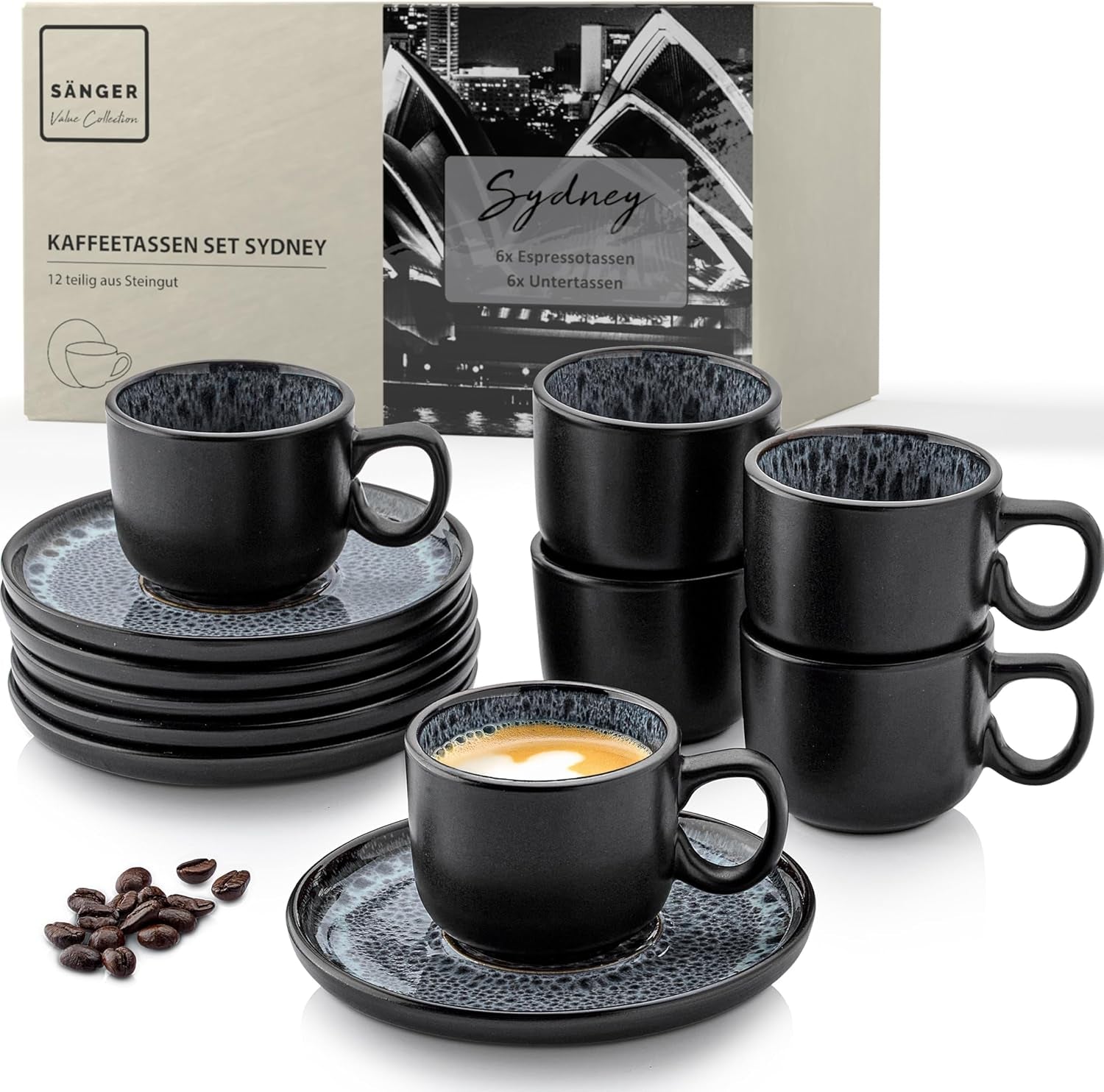 SANGER Sydney | Espressotassen-Set aus Keramik, 12 Stück, Mokkatassen-Set für 6 Personen, Tassen und Untertassen, spülmaschinen- und mikrowellengeeignet, dunkelgrau, 80 ml | DIE VALUE-KOLLEKTION
