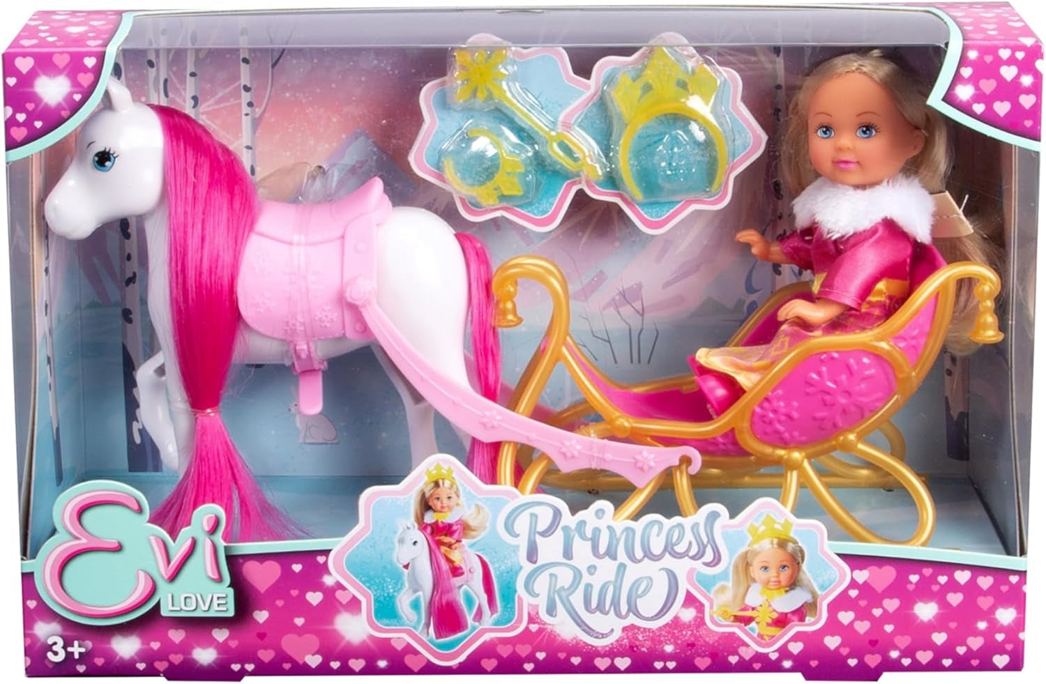 Simba Evi Love Princess Ride, Prinzessinnenpuppe mit Schlitten und Winterpferd, Prinzessinnenzubehör, 12 cm, ab 3 Jahren