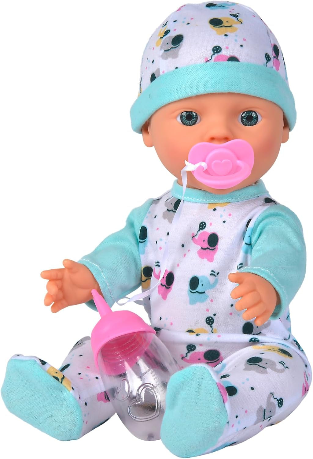 Neugeborenes Baby, kleiner Elefant, Vinylpuppe mit Fütterungs- und Trinkfunktion, Flasche und Schnuller, 30 cm, 2 Jahre alte Puppen Naty Shop