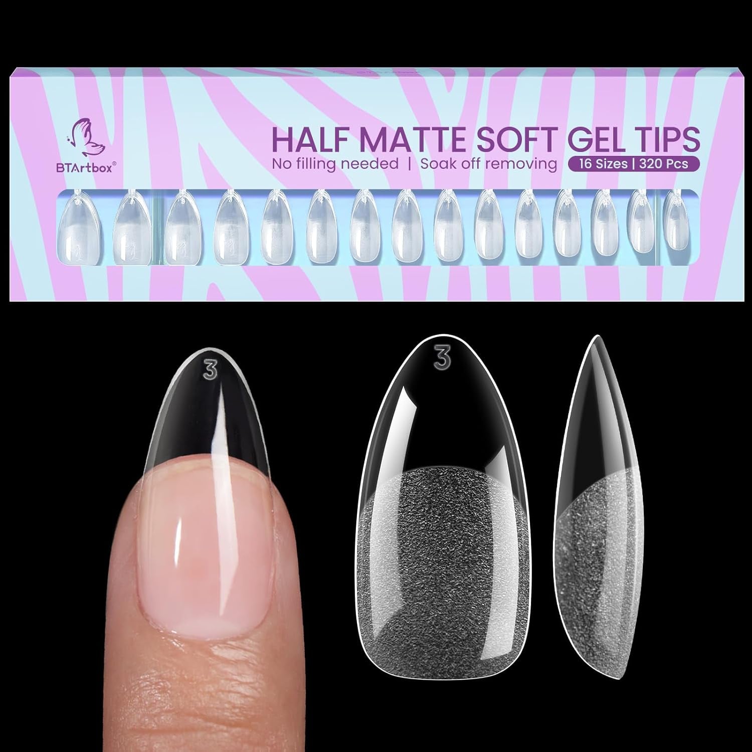 Btartbox Extra kurze Mandel-Nagelspitzen – Volldeckende Gel-X-Soft-XS-Gel-Nagelspitzen – Vorgeformte Halbmatte für breite Nägel Salon 320 Stück