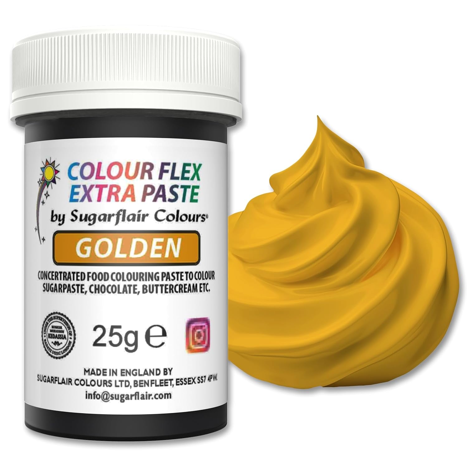 Lebensmittelfarbpaste Sugarflair Colourflex Extra Paste Golden – Essbare Lebensmittelfarbe für Buttercreme, Schokolade, Zuckerpaste, Glasur, Fondant, Kuchenmischungen, Teig und mehr – 25 g