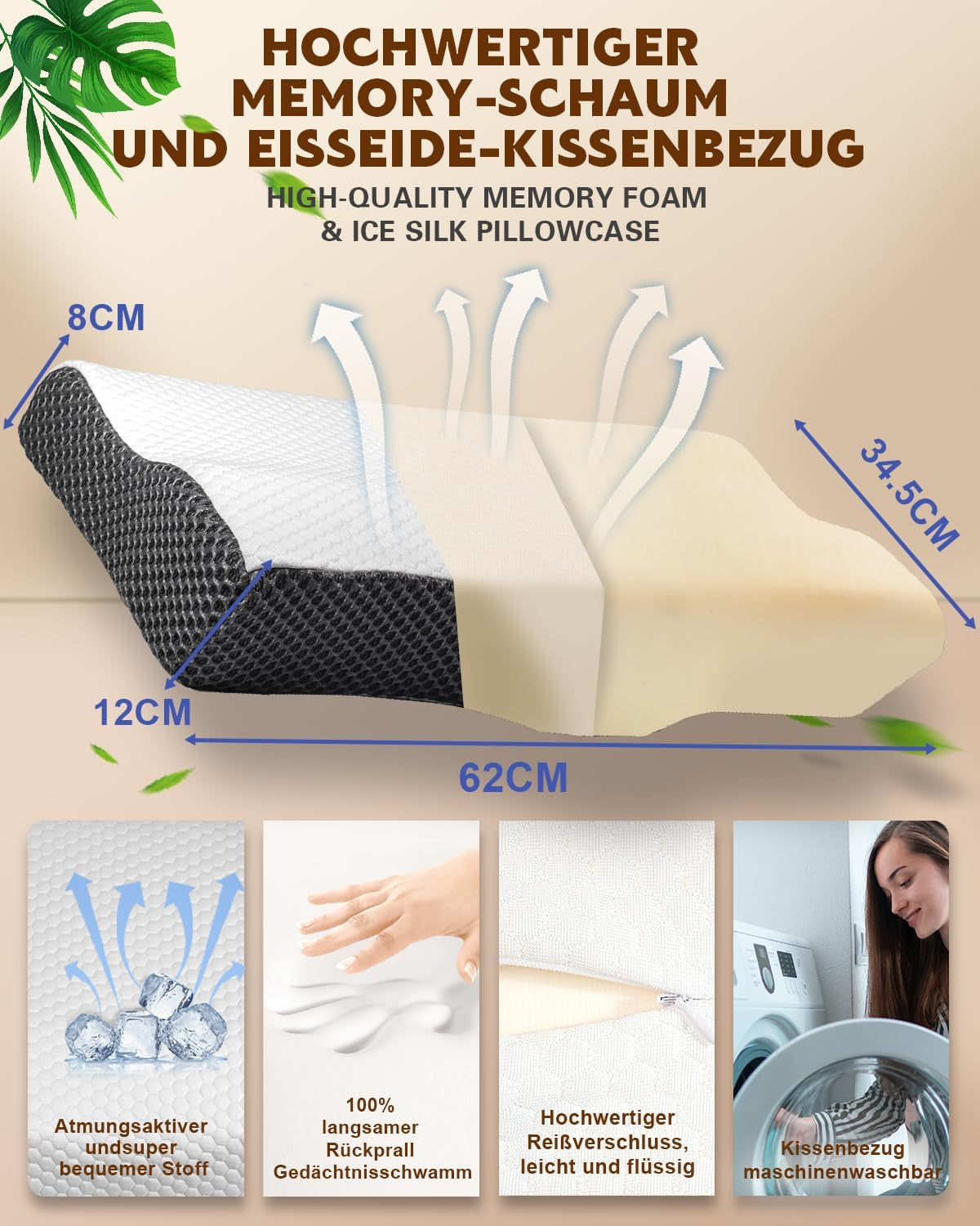 Nackenschmerzkissen, ergonomisches orthopädisches Nackenkissen, seitliches Rücken-Bauchkissen aus Memory-Schaum, Anti-Schnarch-Kissen für Männer und Frauen (62 x 34,5 x 12/8 cm). Orthopädische Nackenkissen von Naty Shop