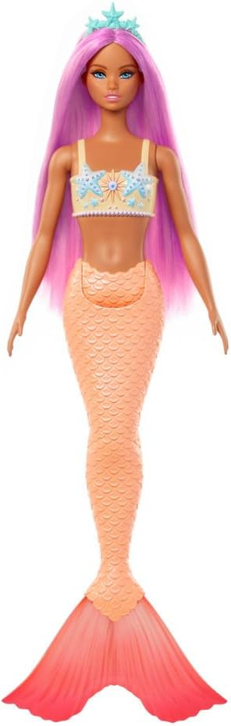 Meerjungfrau-Barbie-Puppe mit schickem rosa Haar und Stirnband, Seesternkopf-Puppe und weicher orangefarbener Schwanzflosse, HRR05