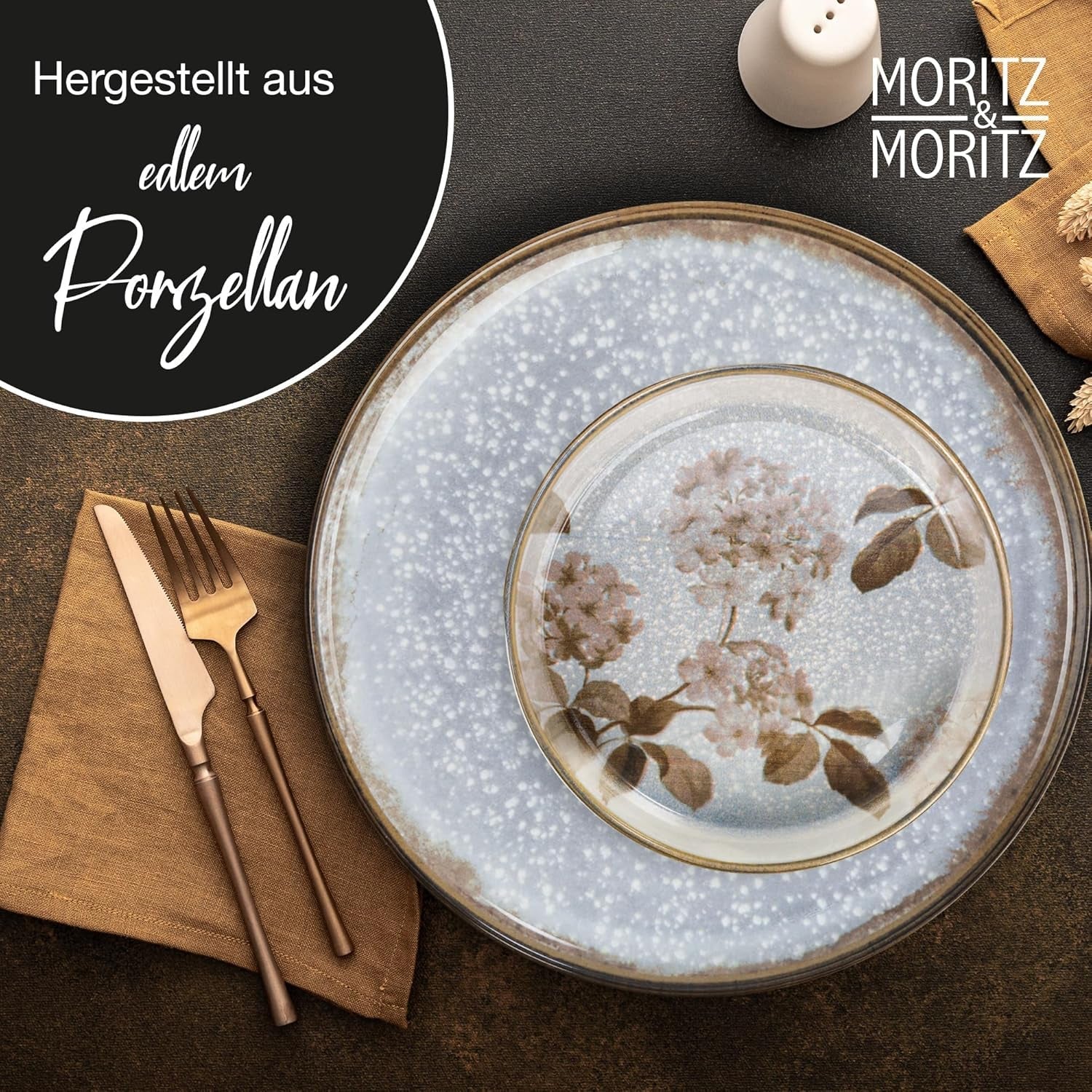 Moritz & Moritz BLOSSOM Porzellan-Geschirrset für 6 Personen, 18-teilig – Modernes Geschirr mit verspieltem Design – Pflegeleichtes Kaffeeservice mit Tellern und Schüsseln – Kombiservice