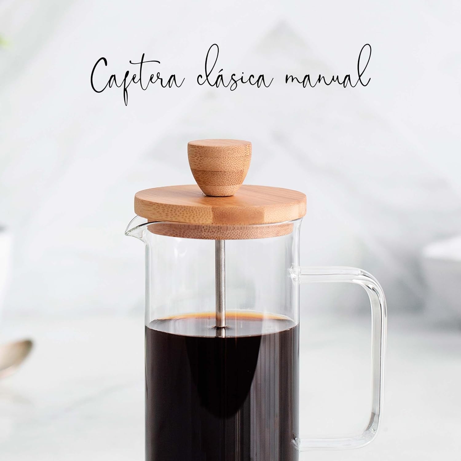 Französische Kaffeemaschine, Kaffeepresse, Kolbenkaffeemaschine, französische Filterkaffeekanne, 3 Tassen, 0,35 l, Stahl und Holz