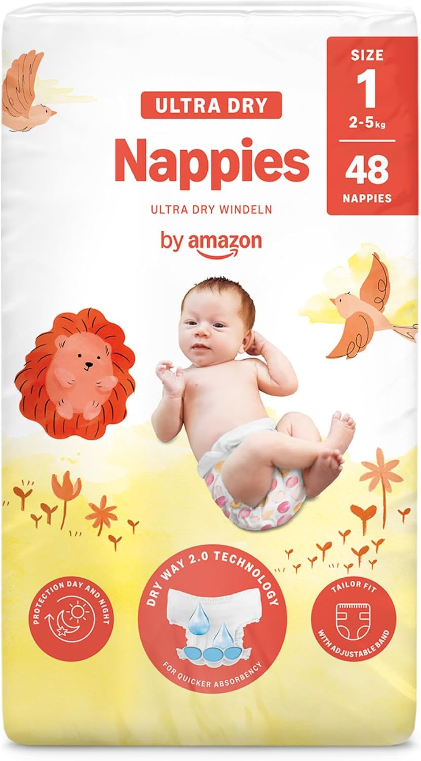 Amazon Ultra Dry Windeln, Größe 1 (2–5 kg) – Monatsbox, Weiß, 96 Stück (2 Packungen à 48 Stück) (ehemals Marke Mama Bear, identisches Produkt)