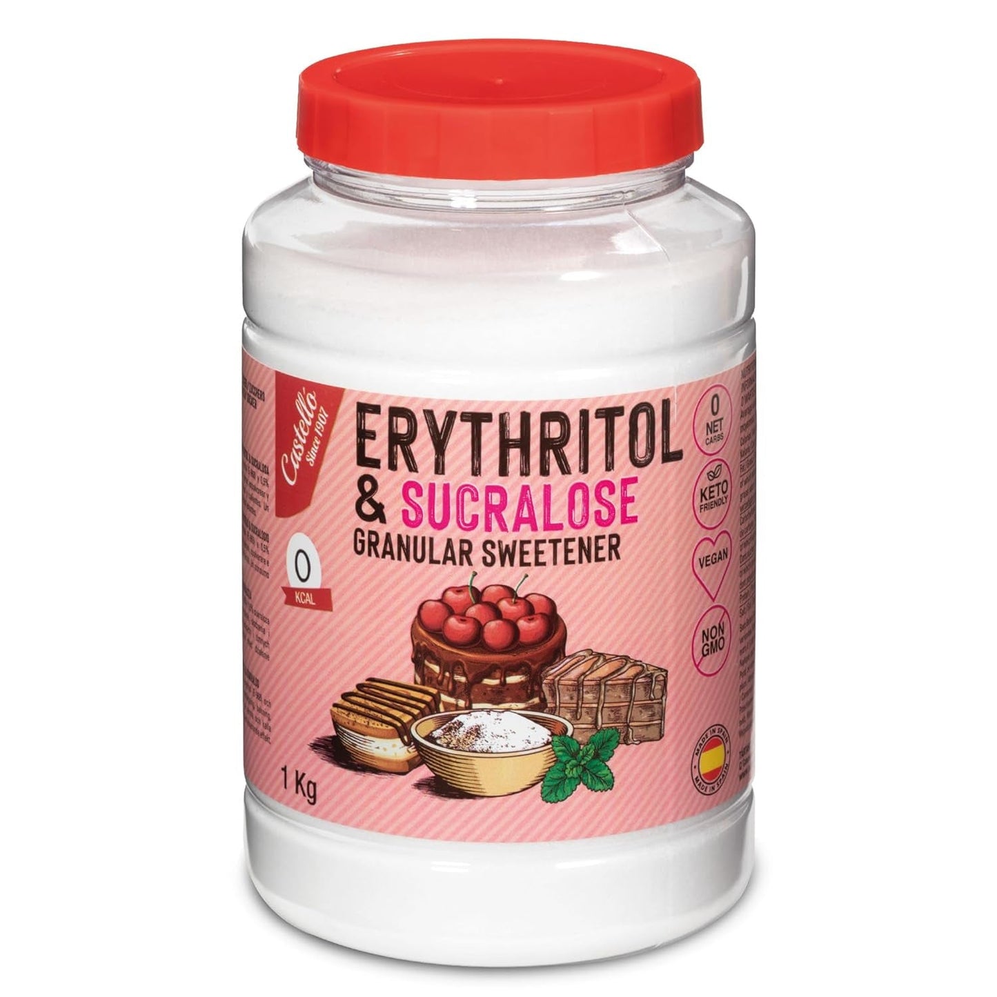 Erythrit + Sucralose 1:4 Süßstoff | 1G = 4G Zucker | 0 Netto-Kohlenhydrate – 0 Kalorien – 0 Glykämischer Index – Keto – Kein GVO – Castello seit 1907 – 1 kg Süßstoffe Naty Shop Standardtitel