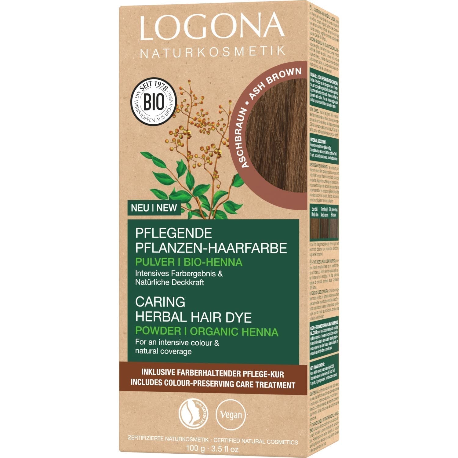 LOGONA Naturkosmetik Kräuter-Pflege-Haarfarbe, Bio-Henna-Pulver, vegane Haarfarbe für intensive Farbe und Glanz, Pflanzen-Haarfarbe in Kupferblond (Blond), 1 x 100 g Naty Shop Aschbraune Haarfarbe 100 g (1 Packung)